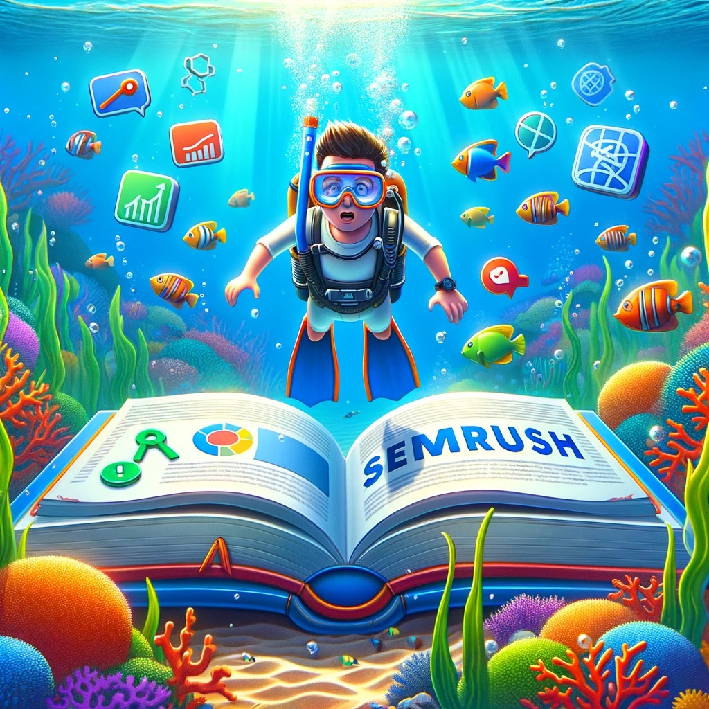 AI generated image of a kid diving into a book of SEMRush information