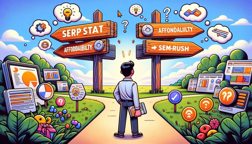 AI generated image of a man trying to pick Serpstat or SEMRush